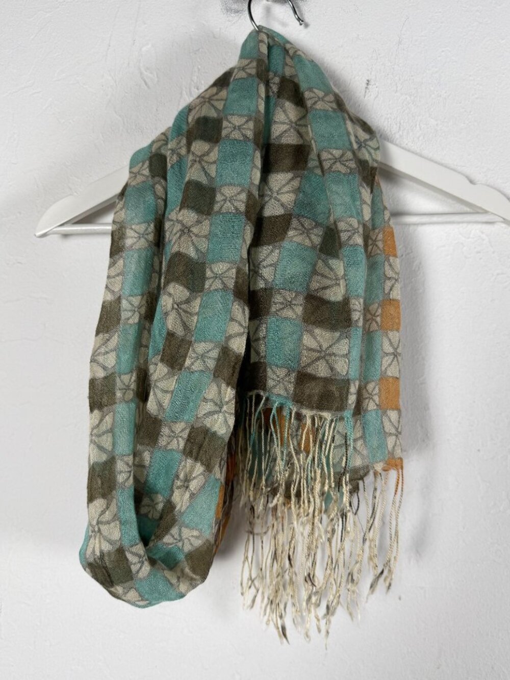 Tickled Pink Brown Aqua Floral Check Scarf Boho Fringe Soft Acrylic 68x24